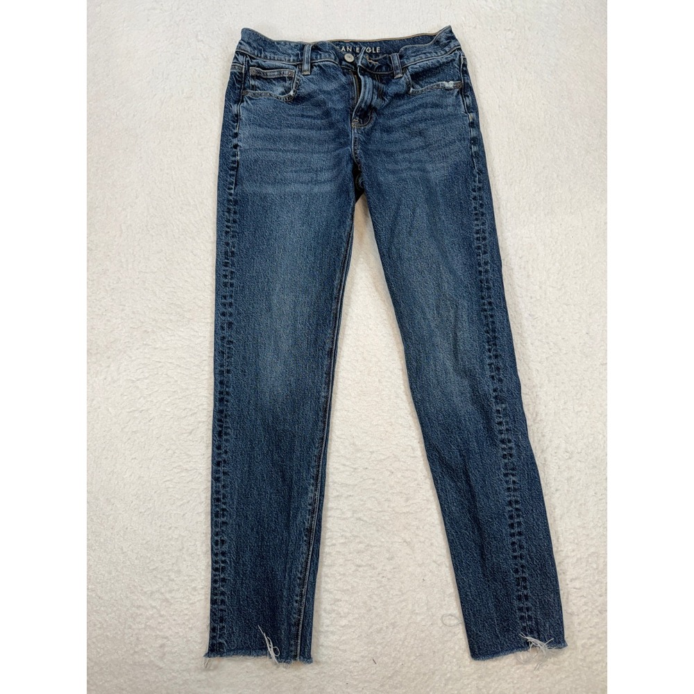 American Eagle Stretch Slim Straight Jeans Medium Wash Raw Hem Blue Womens 27x26